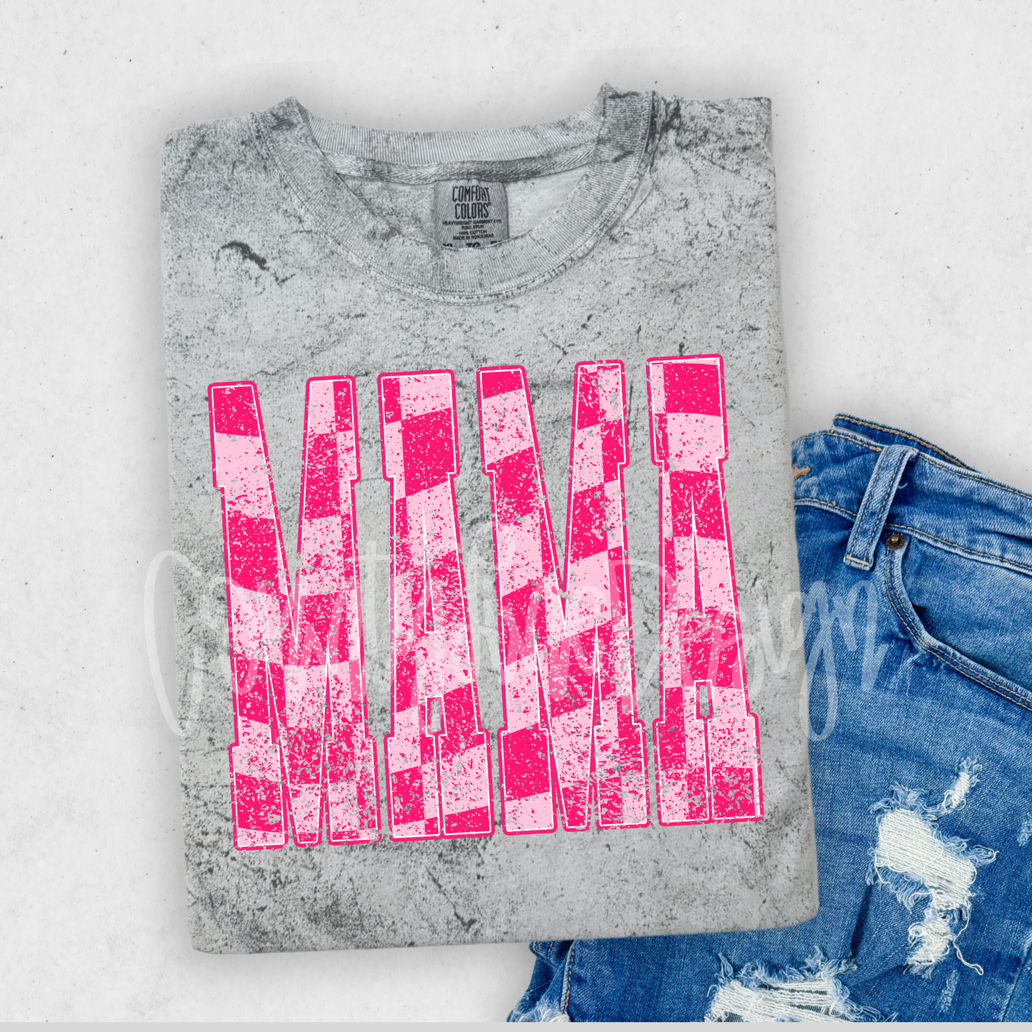 Mama pink Checker Distressed PNG