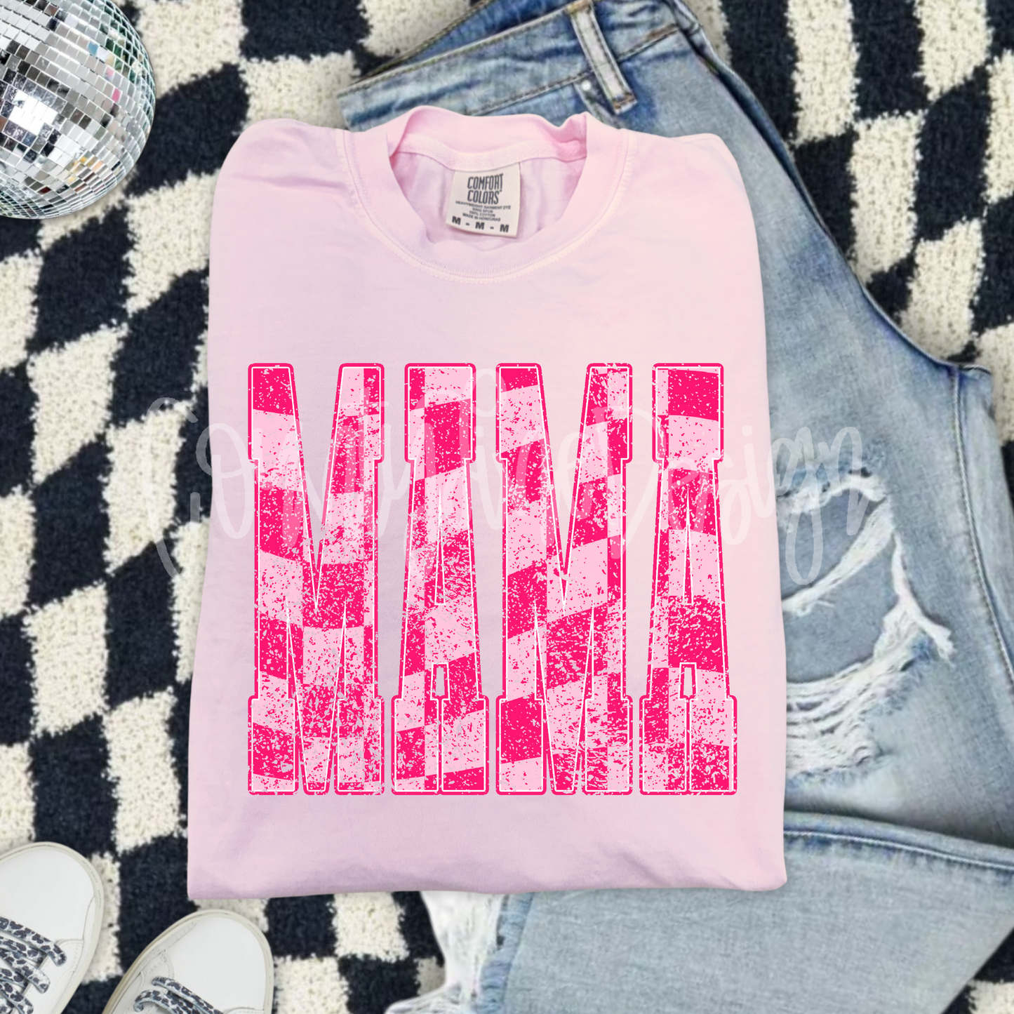 Mama pink Checker Distressed PNG