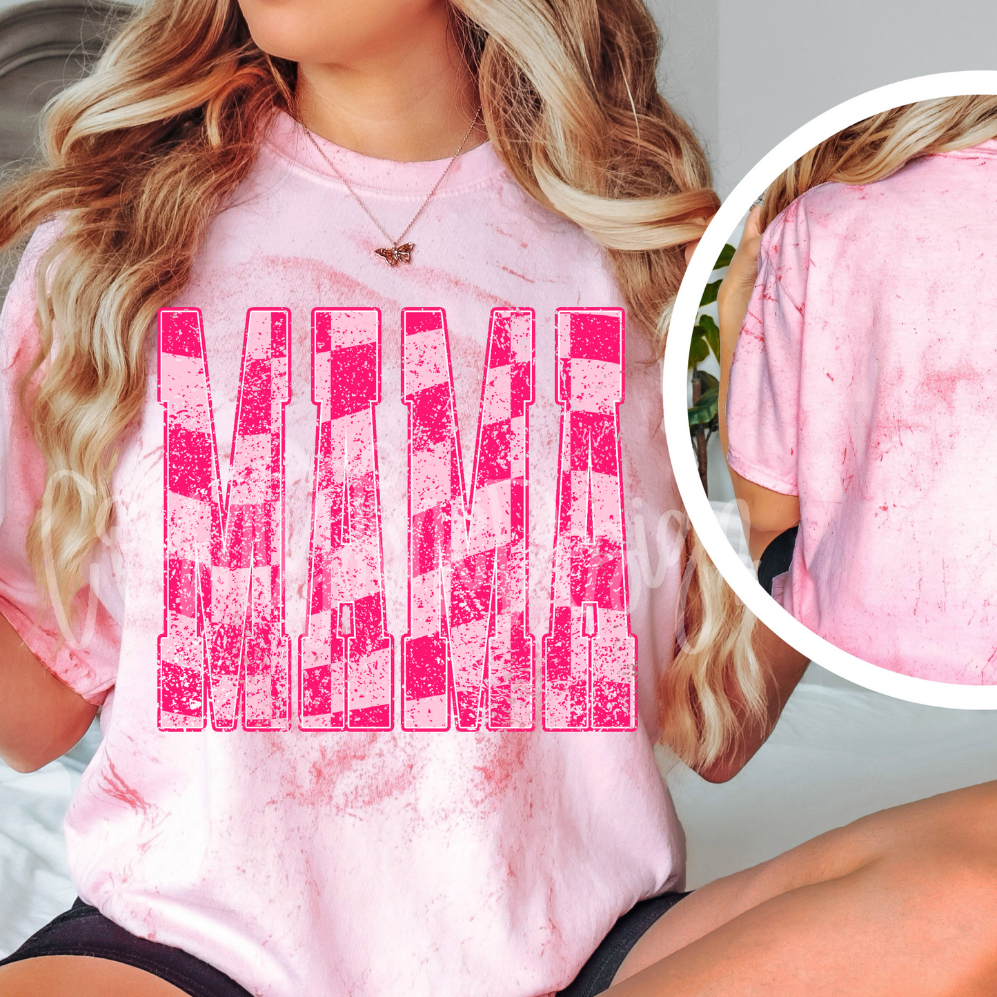 Mama pink Checker Distressed PNG