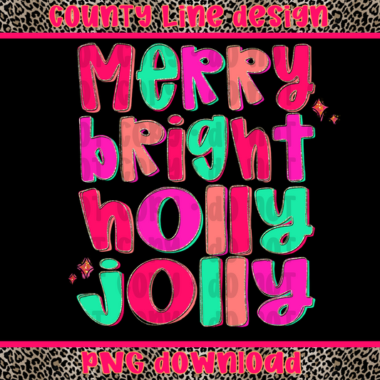 Merry Bright Holly Jolly Christmas Neon PNG