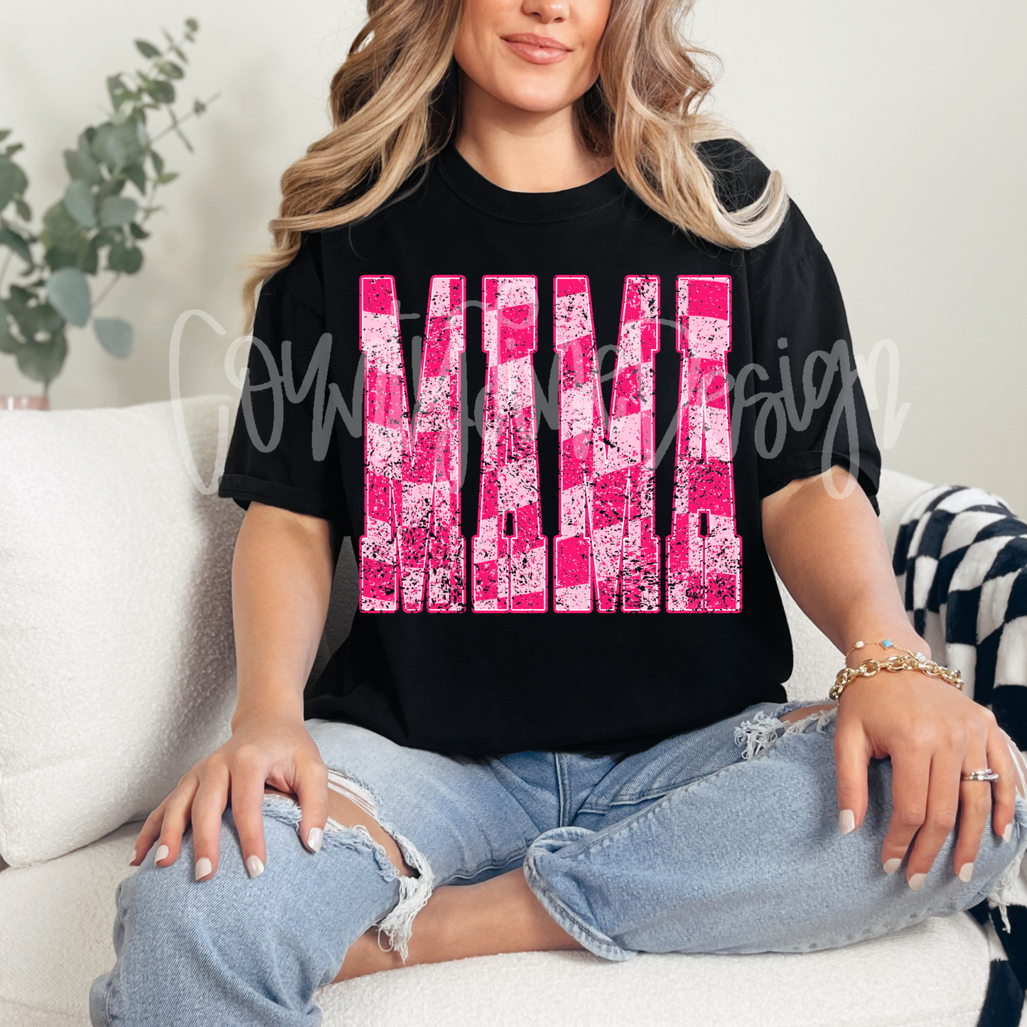 Mama pink Checker Distressed PNG