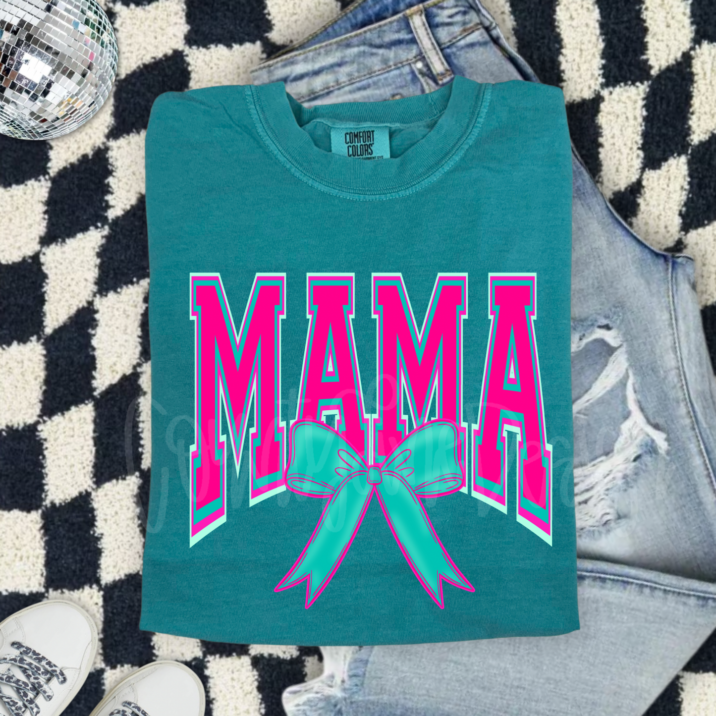 Mama neon pink/teal bow PNG