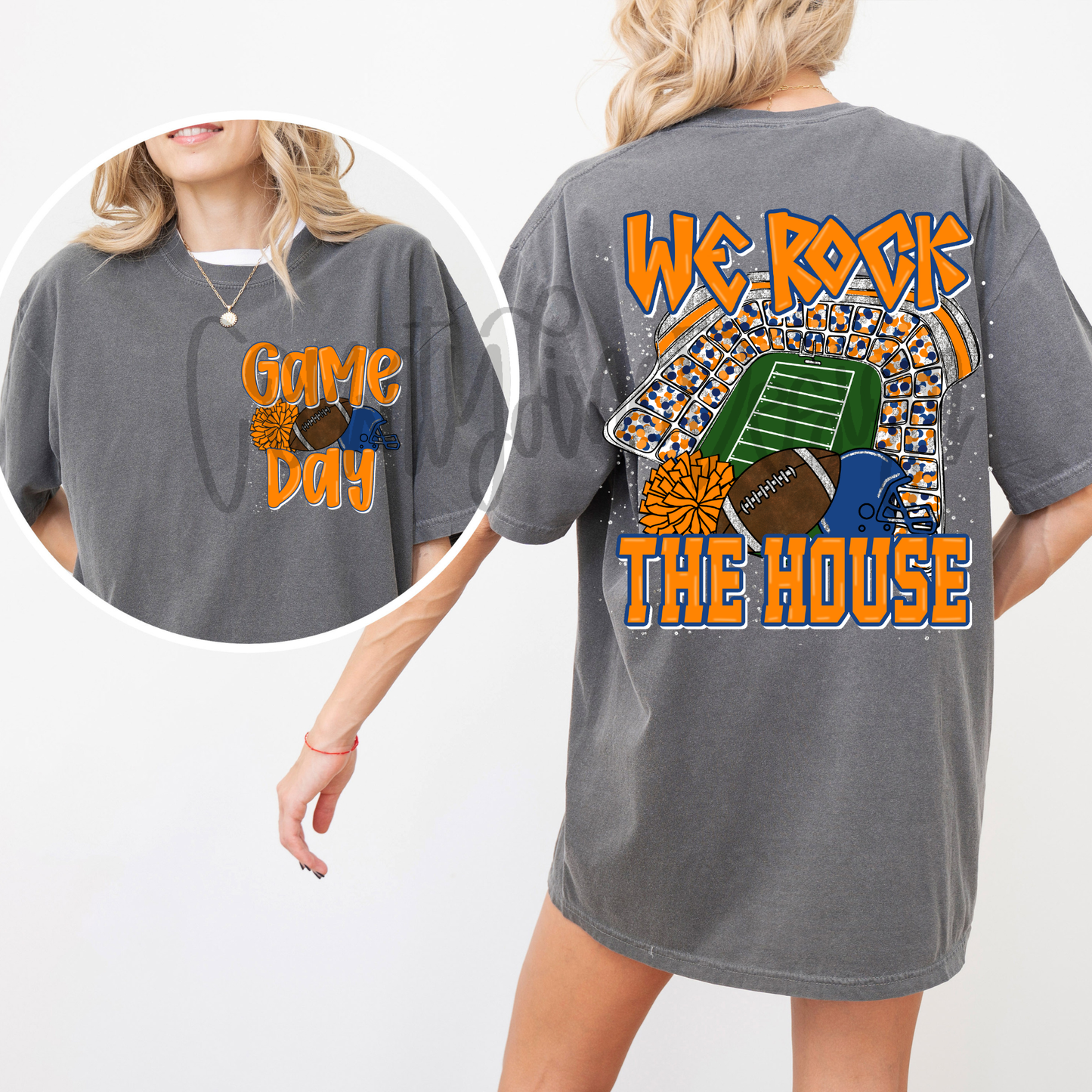 We Rock The House Football - Navy/Orange PNG