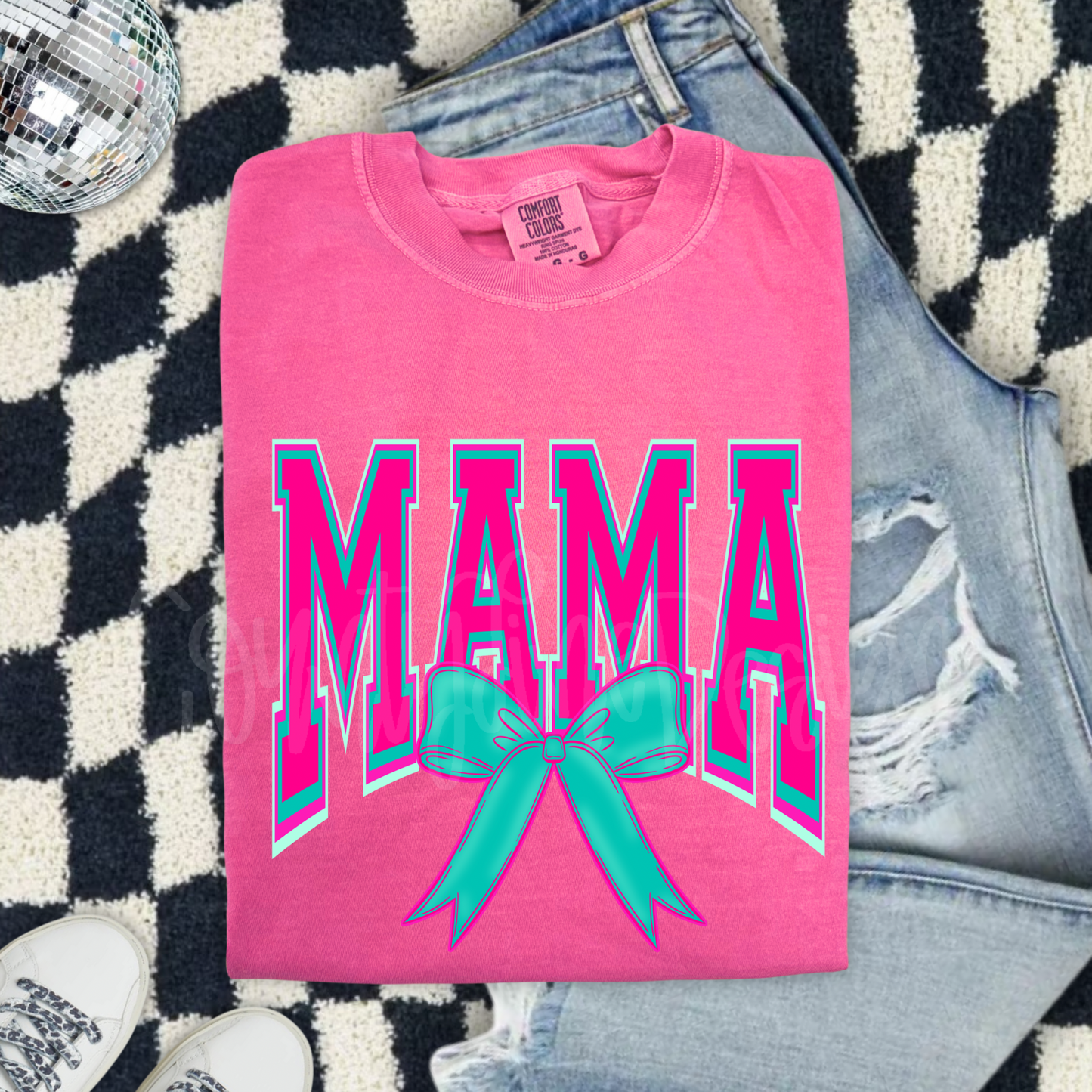 Mama neon pink/teal bow PNG